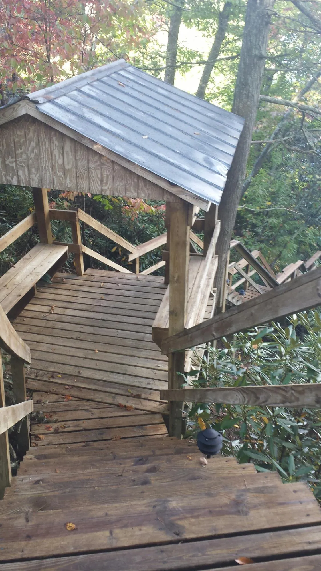 Metal roofed shelter over wooden steps on a wooded walkway — Skylight Repair & Installation work by our crew in Comfort